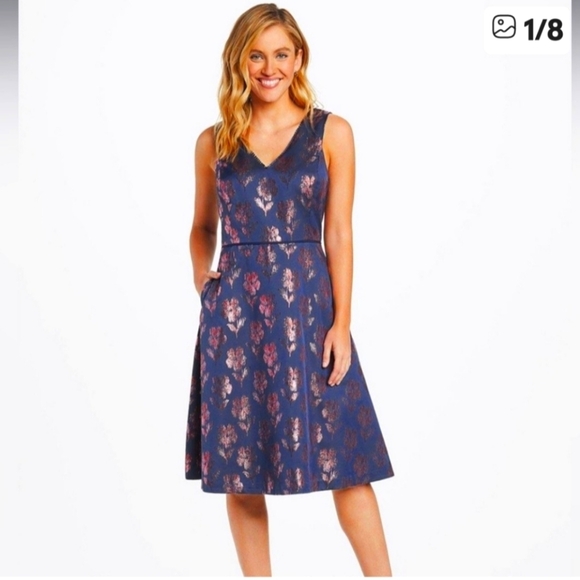 Draper James Jacquard Metallic Floral Fit n Flare Dress Tea Length Luxury Summer - Picture 15 of 16